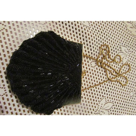 Retro Vintage Black Satin Beaded Clamshell Evening Clutch/Purse/Hand Bag - Picture 8 of 9
